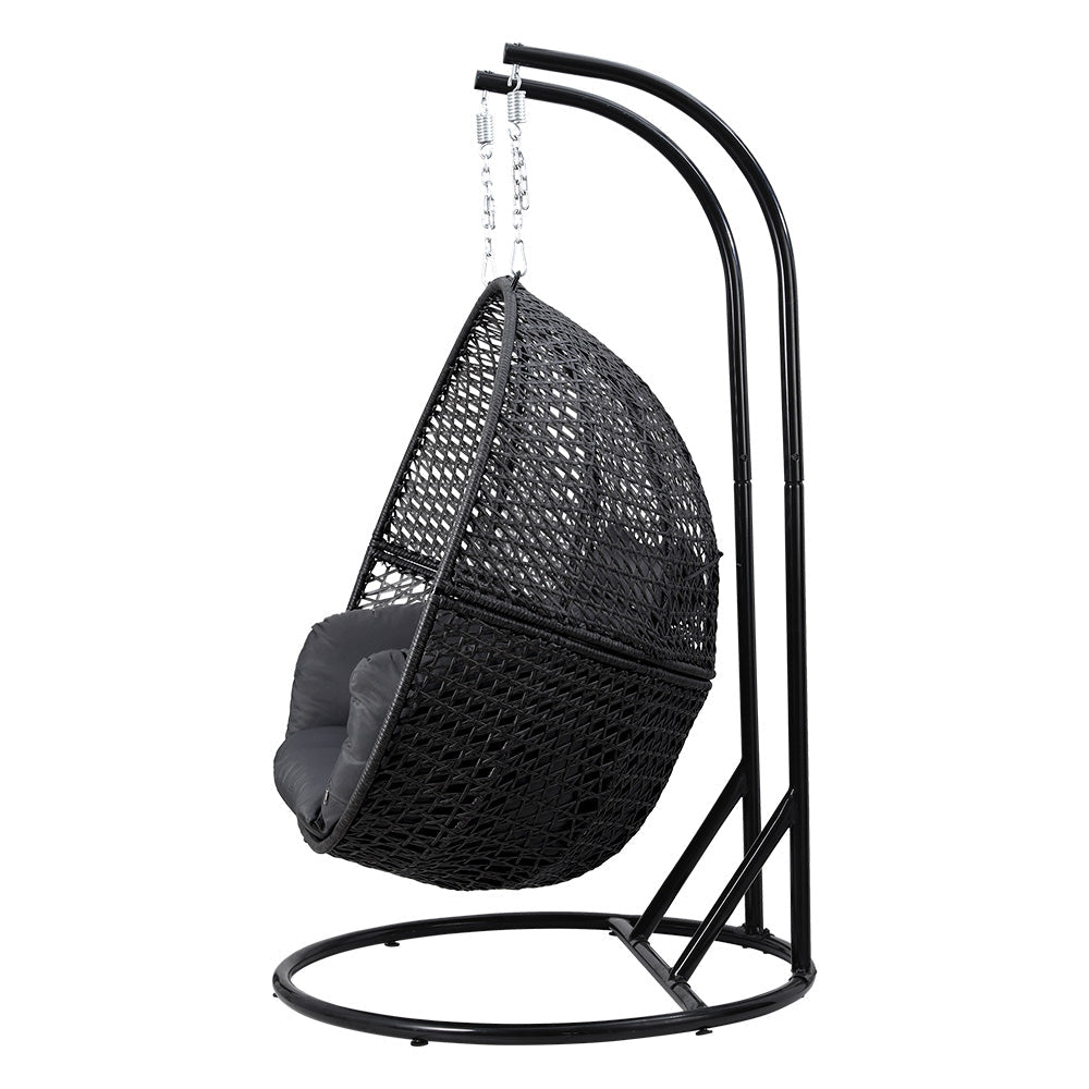 Gardeon Outdoor Egg Swing Chair Hanging Pod Chair Wicker Cushion 2 Person Grey - Outdoorium
