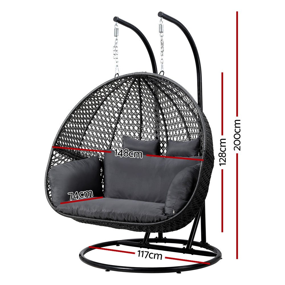 Gardeon Outdoor Egg Swing Chair Hanging Pod Chair Wicker Cushion 2 Person Grey - Outdoorium