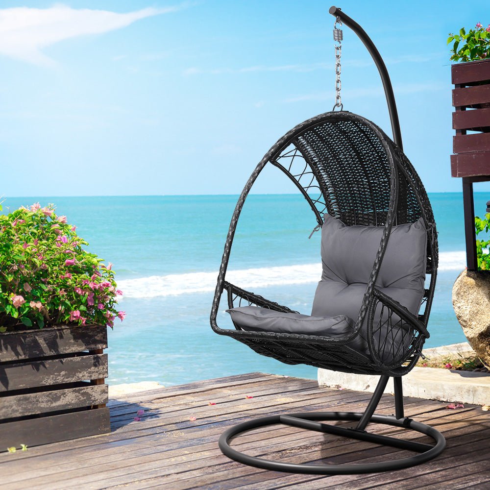 Gardeon Outdoor Egg Swing Chair with Stand Cushion Wicker Armrest Black - Outdoorium