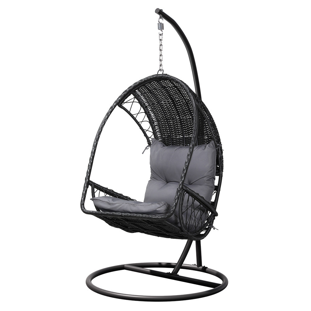 Gardeon Outdoor Egg Swing Chair with Stand Cushion Wicker Armrest Black - Outdoorium