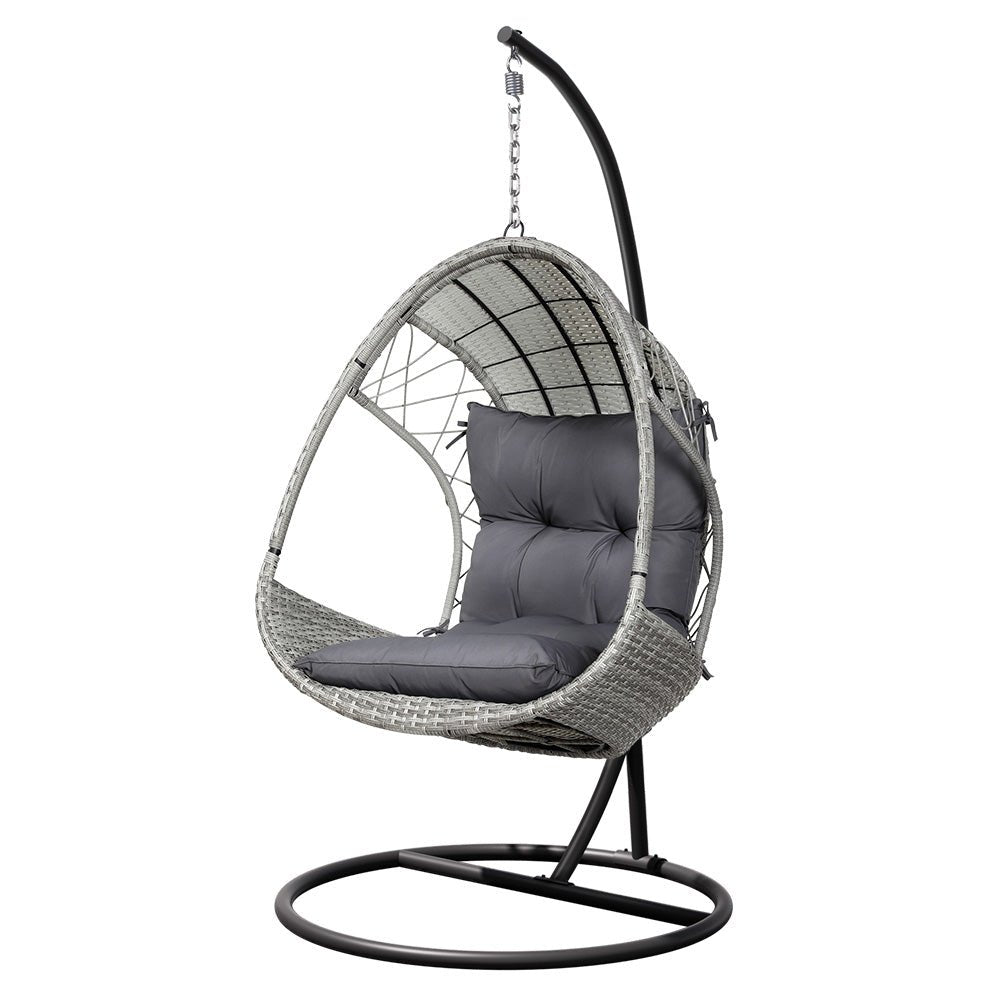 Gardeon Outdoor Egg Swing Chair with Stand Cushion Wicker Armrest Light Grey - Outdoorium