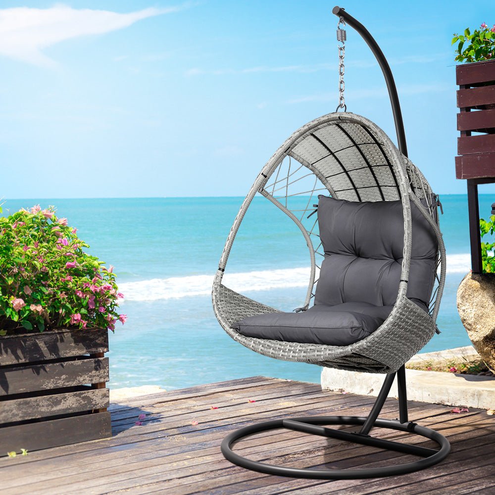 Gardeon Outdoor Egg Swing Chair with Stand Cushion Wicker Armrest Light Grey - Outdoorium