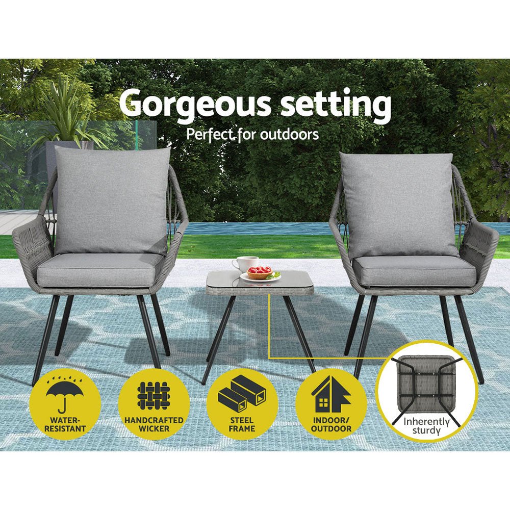 Gardeon Outdoor Furniture 3-Piece Lounge Setting Chairs Table Bistro Set Patio - Outdoorium