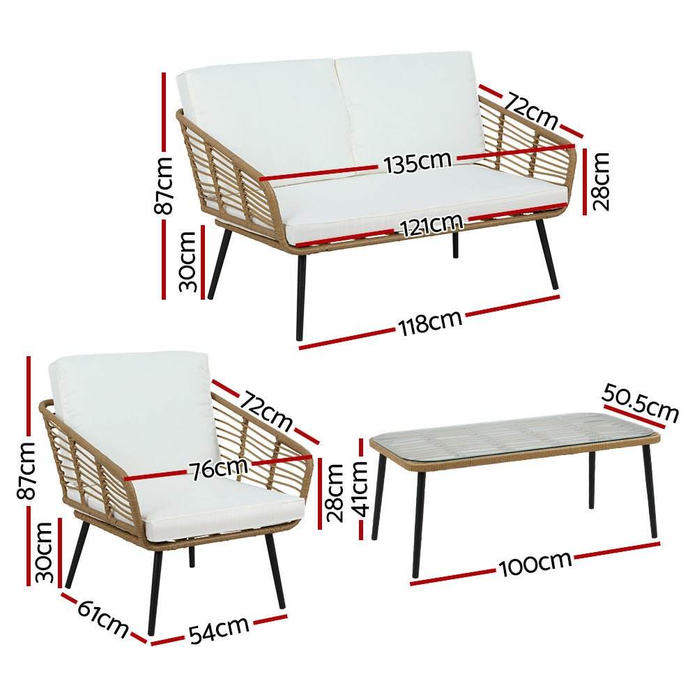 Gardeon 4-Piece Outdoor Sofa Set Rattan Lounge Setting Table Chairs - Outdoorium