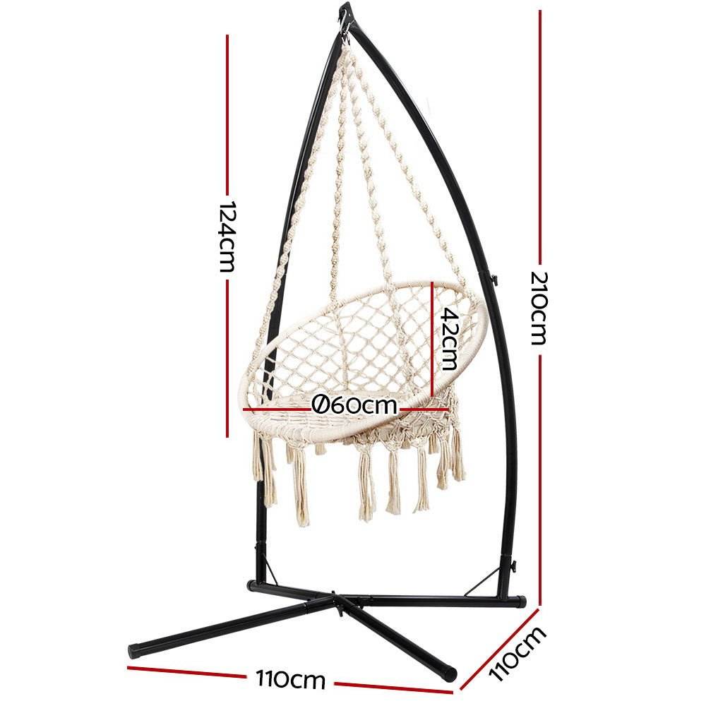 Gardeon Hammock Chair with Steel Stand Macrame Outdoor Swinging Cream - Outdoorium