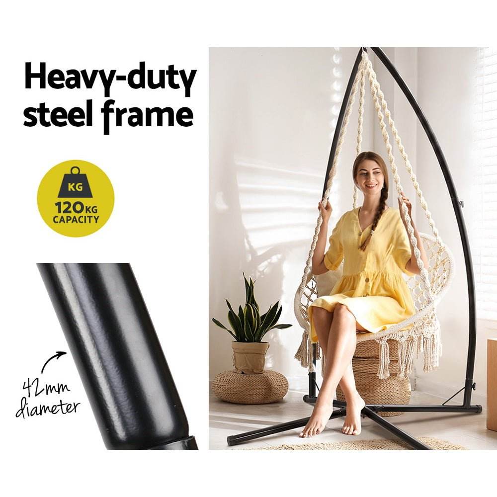 Gardeon Hammock Chair with Steel Stand Macrame Outdoor Swinging Cream - Outdoorium