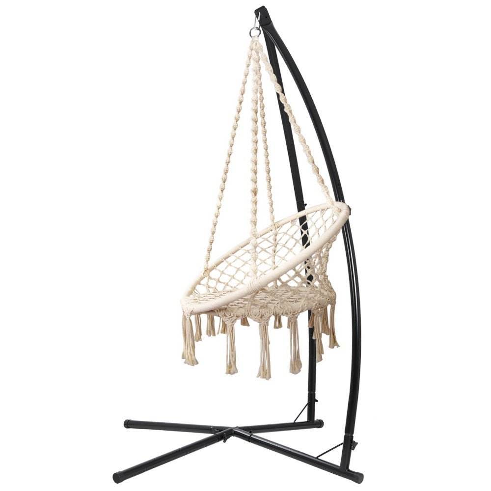 Gardeon Hammock Chair with Steel Stand Macrame Outdoor Swinging Cream - Outdoorium