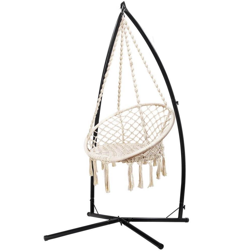 Gardeon Hammock Chair with Steel Stand Macrame Outdoor Swinging Cream - Outdoorium