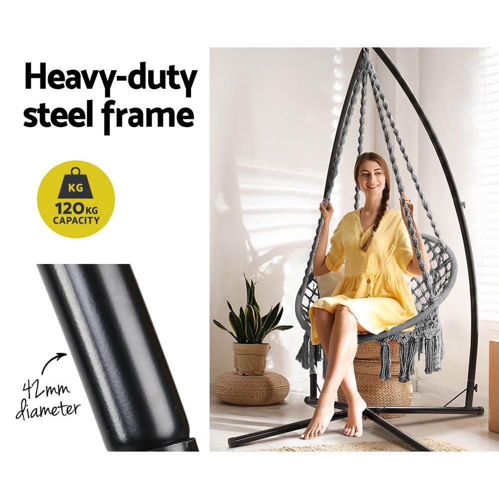 Gardeon Hammock Chair with Steel Stand Macrame Outdoor Swinging Grey - Outdoorium