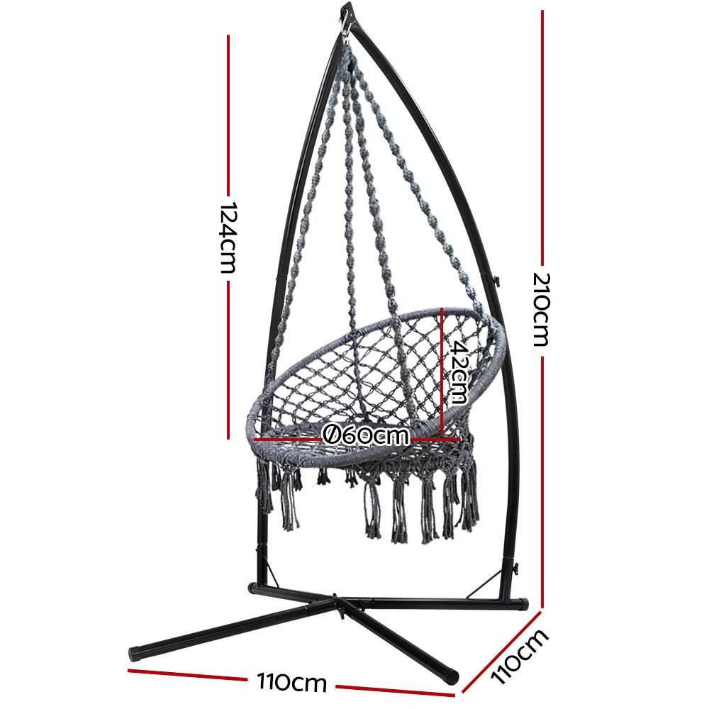 Gardeon Hammock Chair with Steel Stand Macrame Outdoor Swinging Grey - Outdoorium