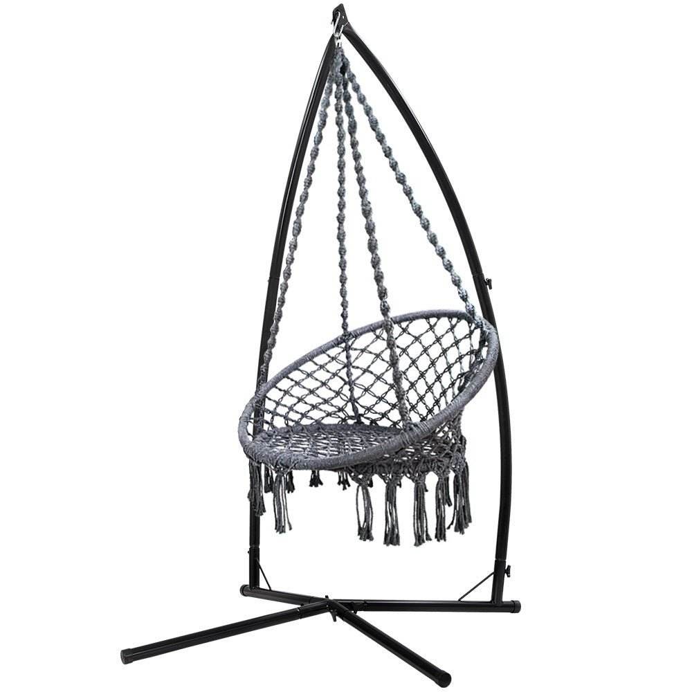 Gardeon Hammock Chair with Steel Stand Macrame Outdoor Swinging Grey - Outdoorium