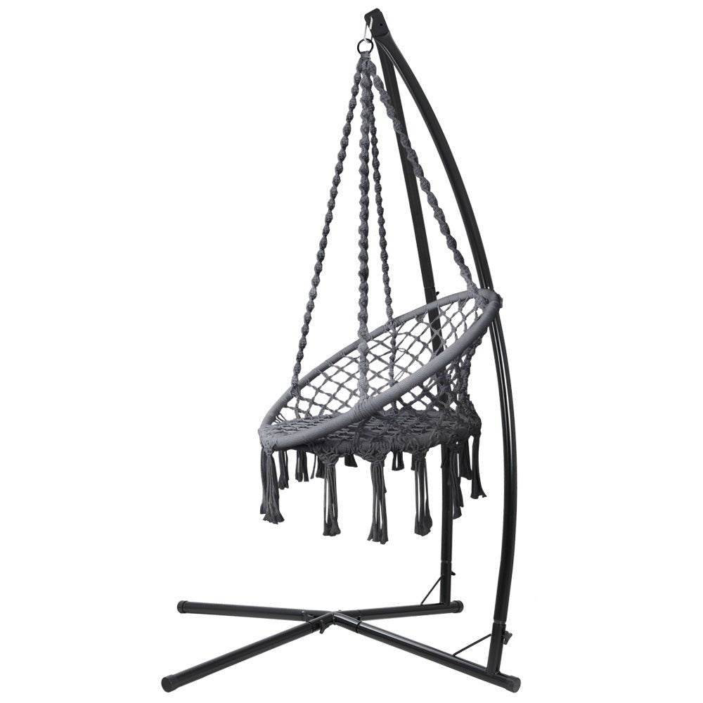 Gardeon Hammock Chair with Steel Stand Macrame Outdoor Swinging Grey - Outdoorium
