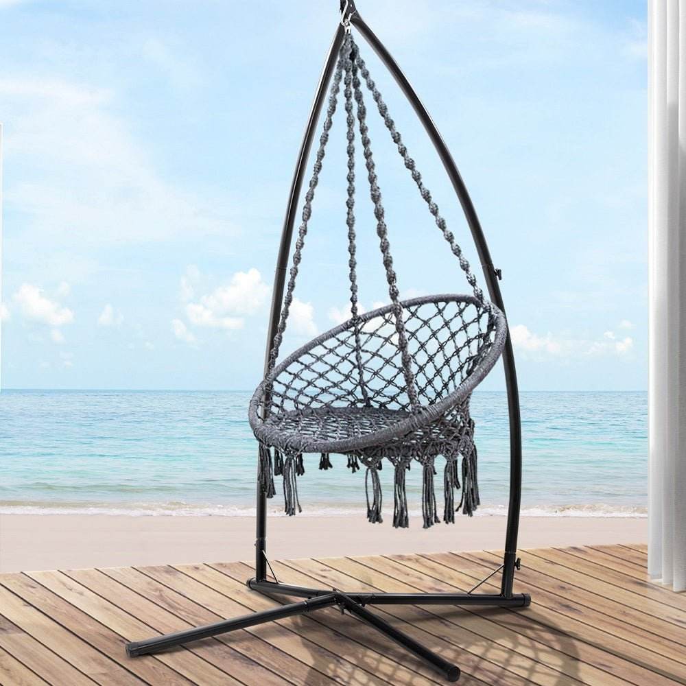 Gardeon Hammock Chair with Steel Stand Macrame Outdoor Swinging Grey - Outdoorium
