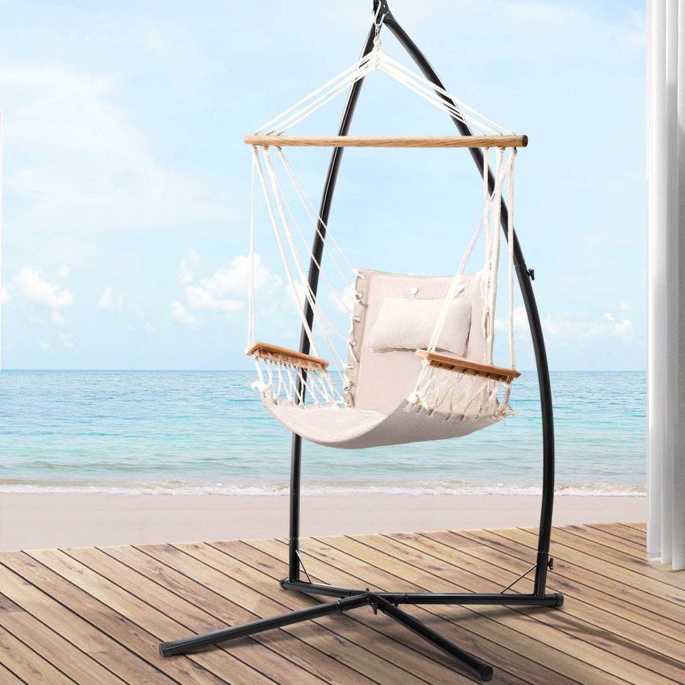Gardeon Hammock Chair with Steel Stand Armrest Outdoor Hanging Cream - Outdoorium