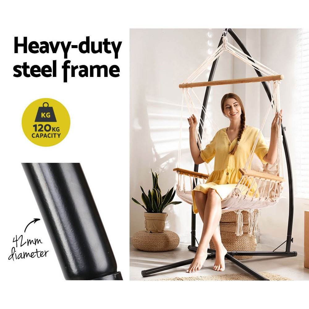 Gardeon Hammock Chair with Steel Stand Armrest Outdoor Hanging Cream - Outdoorium