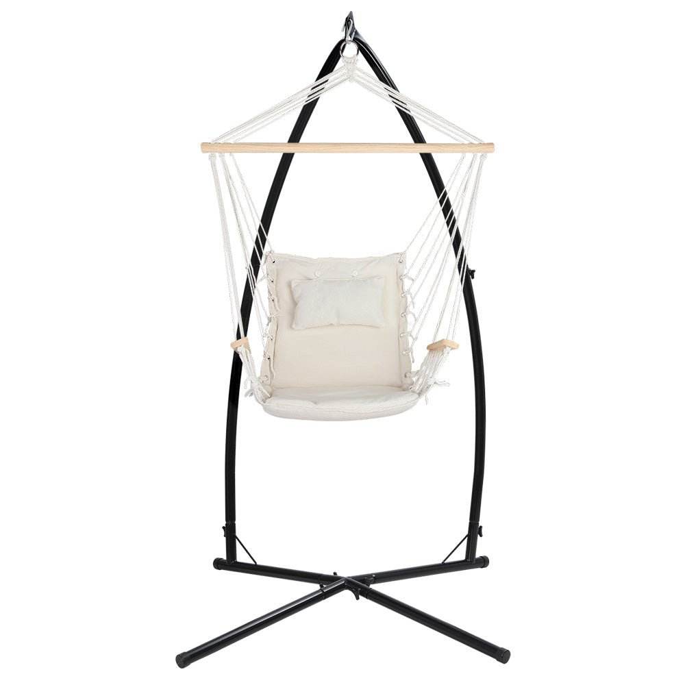 Gardeon Hammock Chair with Steel Stand Armrest Outdoor Hanging Cream - Outdoorium