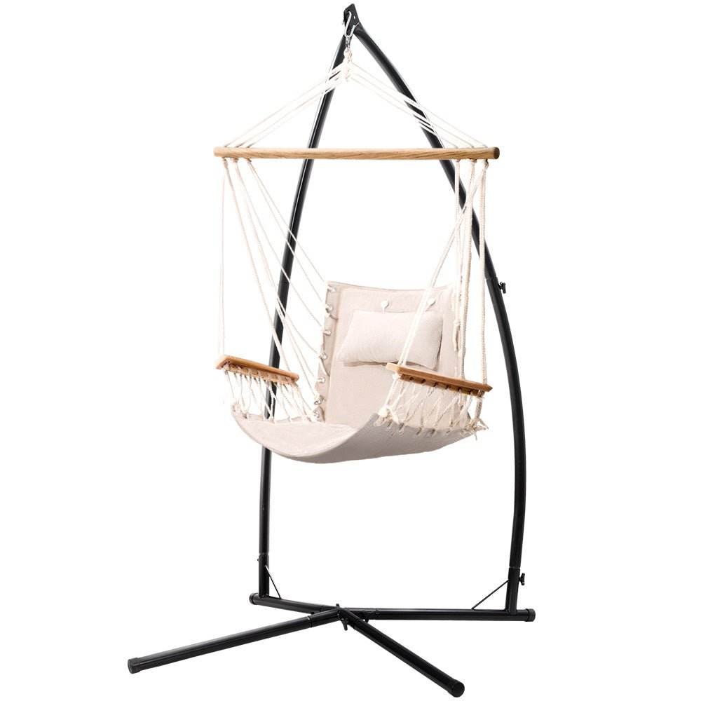 Gardeon Hammock Chair with Steel Stand Armrest Outdoor Hanging Cream - Outdoorium