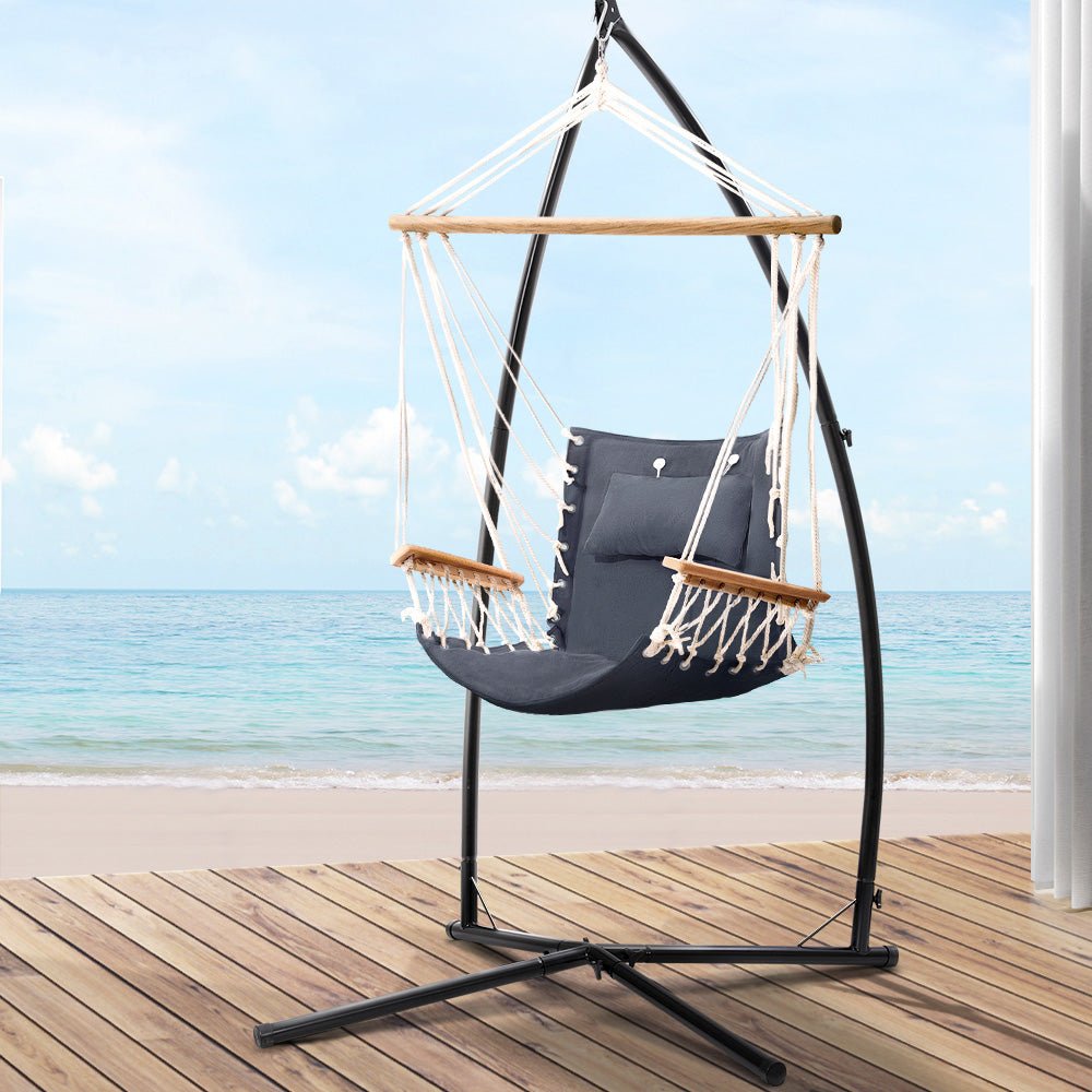 Gardeon Outdoor Hammock Chair with Steel Stand Hanging Hammock Beach Grey - Outdoorium