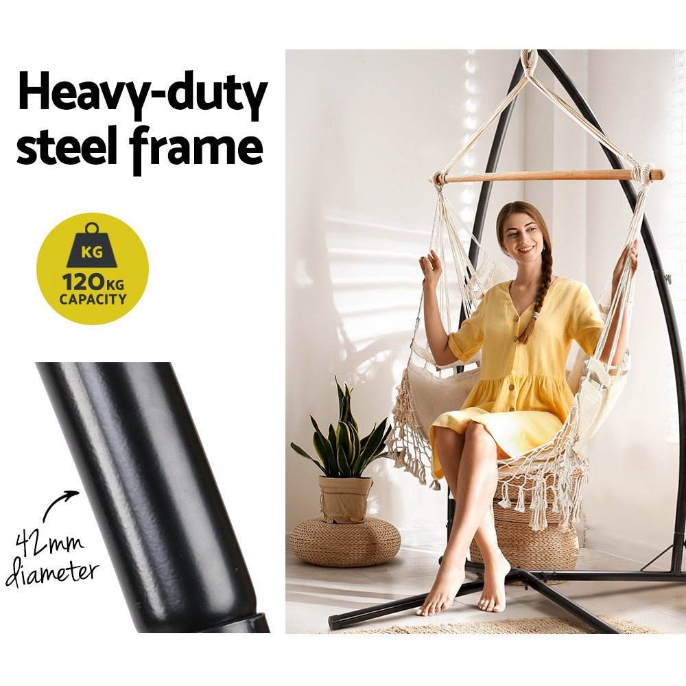 Gardeon Hammock Chair with Steel Stand Hanging Outdoor Tassel Cream - Outdoorium