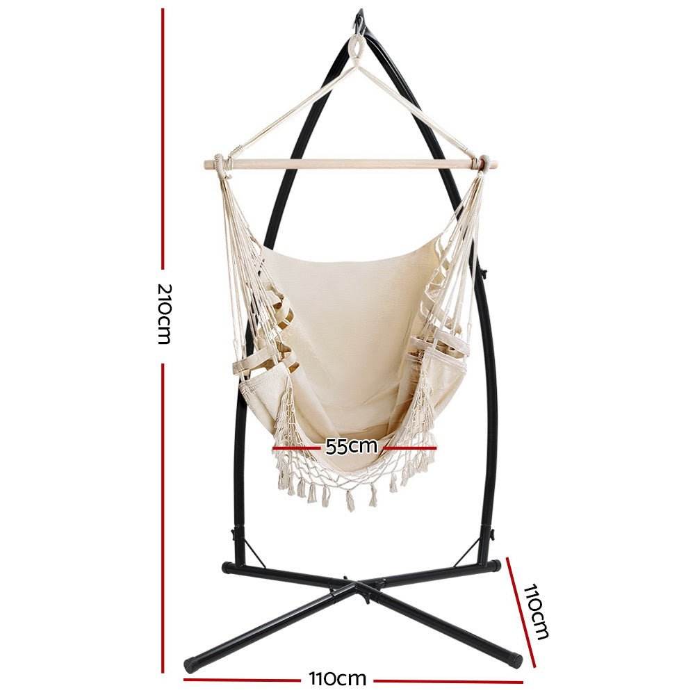 Gardeon Hammock Chair with Steel Stand Hanging Outdoor Tassel Cream - Outdoorium