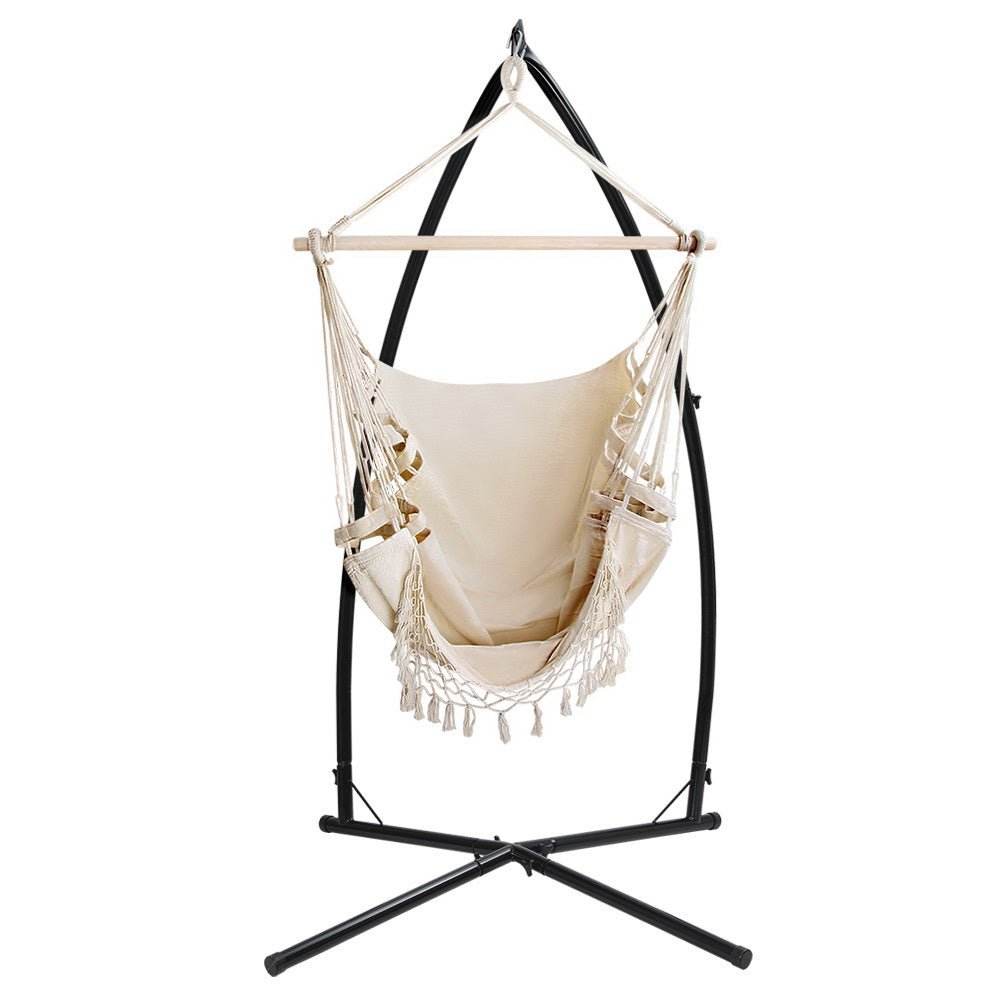 Gardeon Hammock Chair with Steel Stand Hanging Outdoor Tassel Cream - Outdoorium