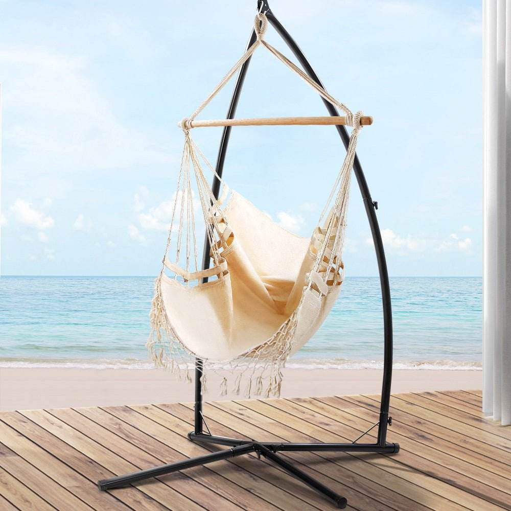Gardeon Hammock Chair with Steel Stand Hanging Outdoor Tassel Cream - Outdoorium
