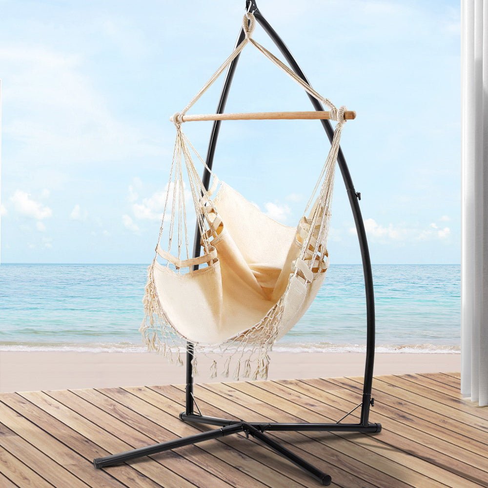 Gardeon Outdoor Hammock Chair with Steel Stand Tassel Hanging Rope Hammock Cream - Outdoorium