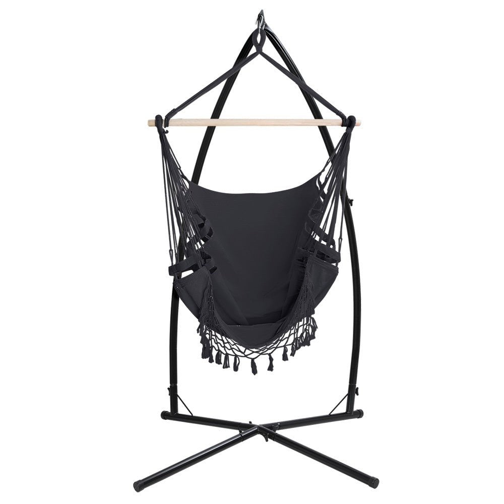 Gardeon Outdoor Hammock Chair with Steel Stand Tassel Hanging Rope Hammock Grey - Outdoorium