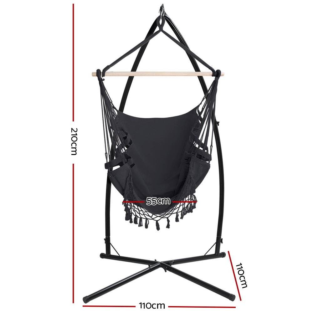 Gardeon Hammock Chair with Steel Stand Hanging Outdoor Tassel Grey - Outdoorium