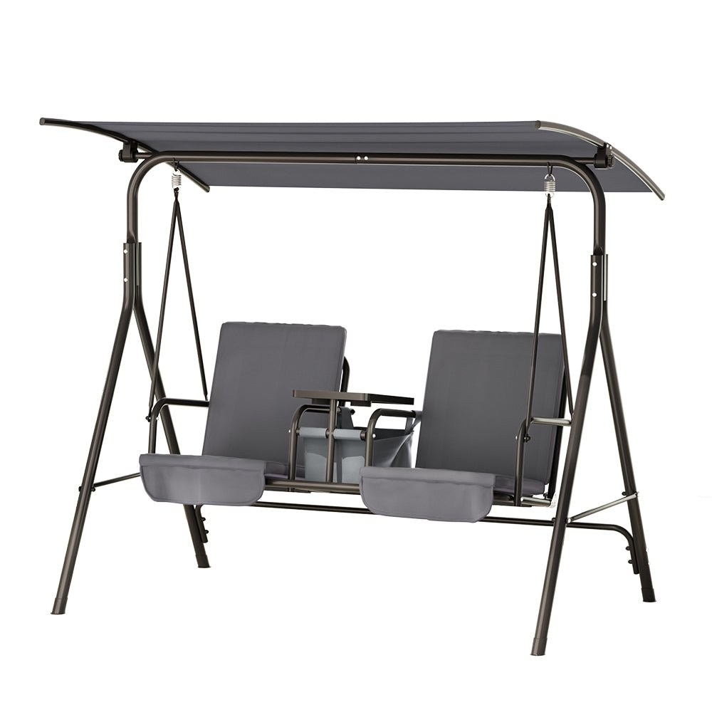 Gardeon Outdoor Patio Swing Chair 2 Seater Canopy Table Top Cup Holder Black - Outdoorium