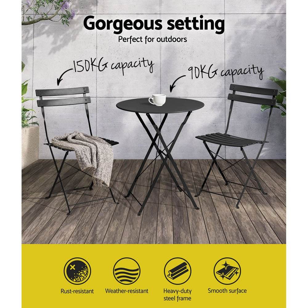 Gardeon 3PC Outdoor Bistro Set Steel Table and Chairs Patio Furniture Black - Outdoorium
