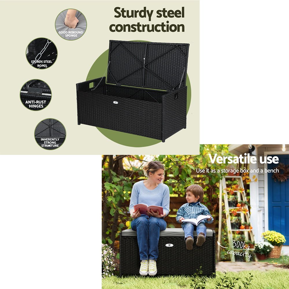 Gardeon Outdoor Storage Bench Box Garden Sheds Tools Wicker Cushion Patio Chair - Outdoorium