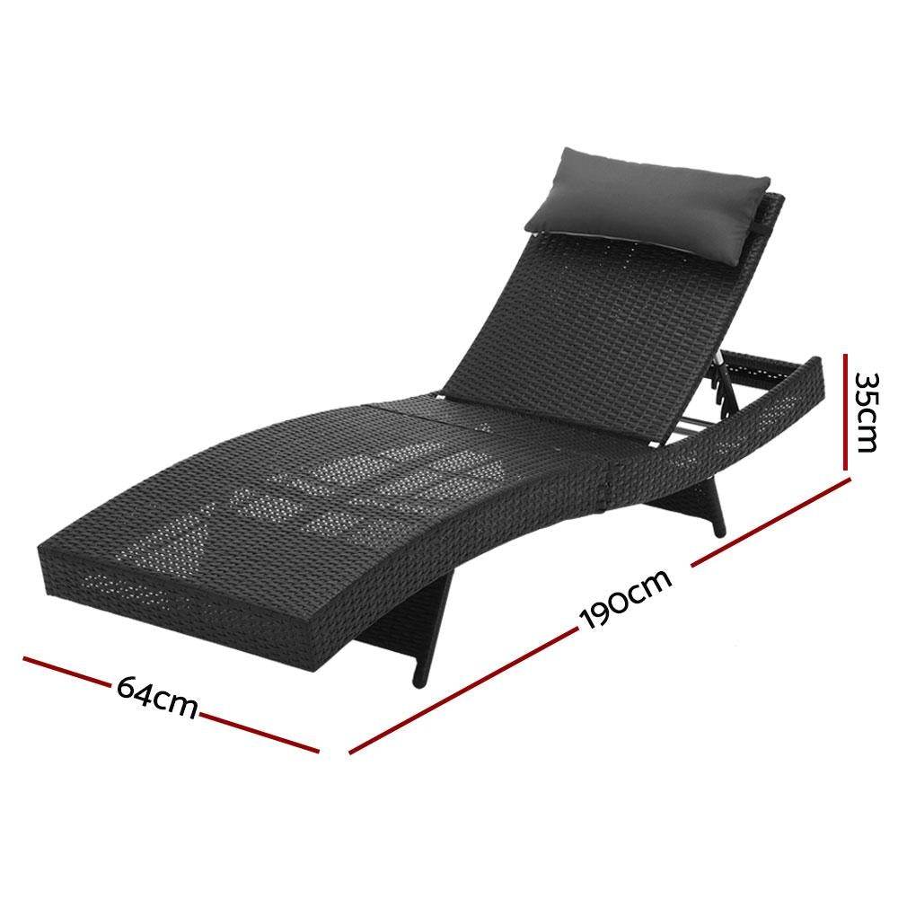 Gardeon 2PC Sun Lounge Wicker Lounger Outdoor Furniture Beach Chair Garden Adjustable Black - Outdoorium