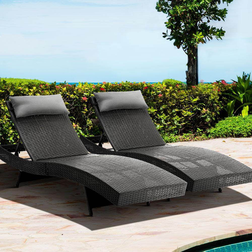 Gardeon 2PC Sun Lounge Wicker Lounger Outdoor Furniture Beach Chair Garden Adjustable Black - Outdoorium