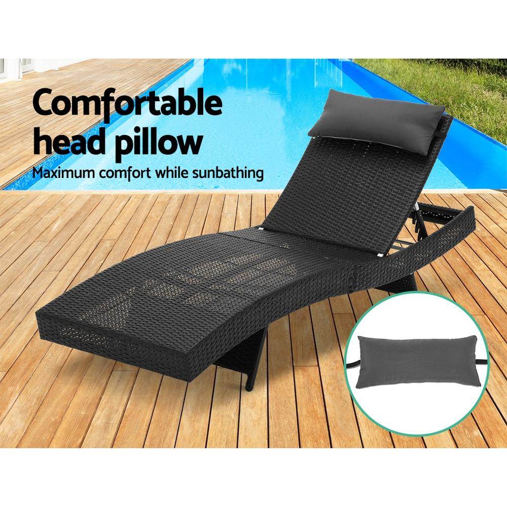 Gardeon 2PC Sun Lounge Wicker Lounger Outdoor Furniture Beach Chair Garden Adjustable Black - Outdoorium