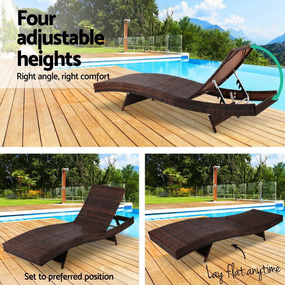 Gardeon 2PC Sun Lounge Wicker Lounger Outdoor Furniture Beach Chair Garden Adjustable Brown - Outdoorium