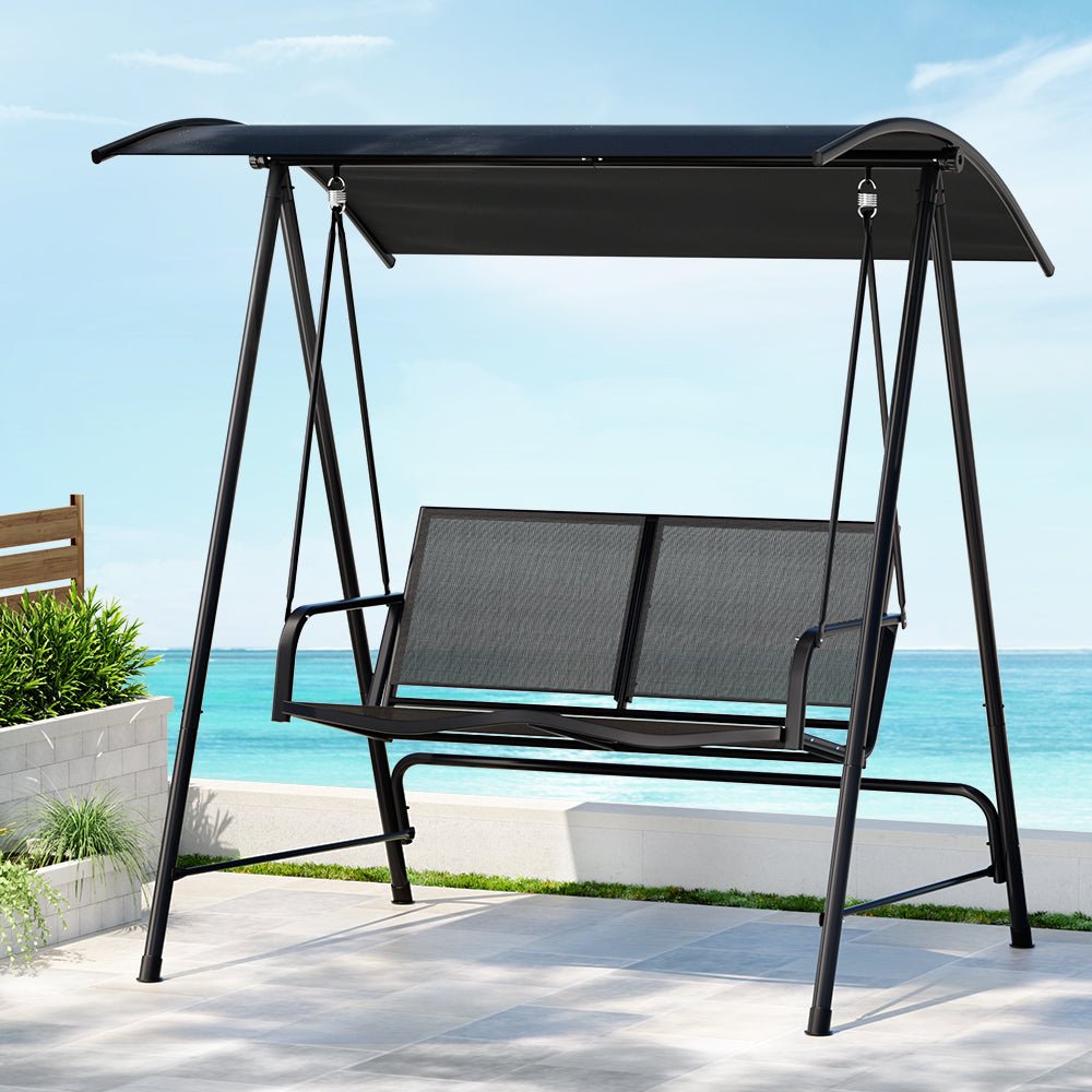 Gardeon Outdoor Swing Chair Garden Bench 2 Seater Canopy Patio Furniture Black - Outdoorium