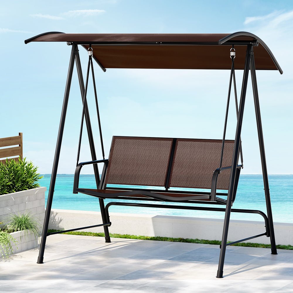 Gardeon Outdoor Swing Chair Garden Bench 2 Seater Canopy Patio Furniture Brown - Outdoorium