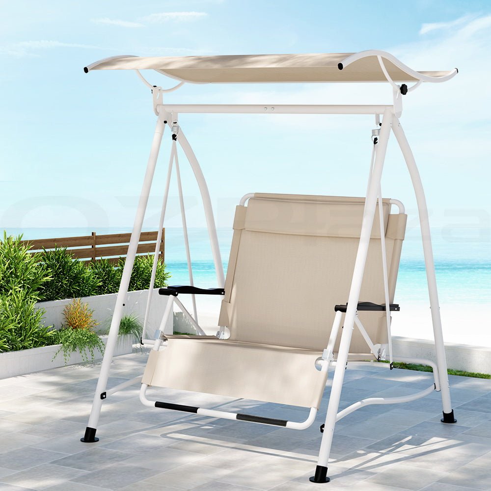 Gardeon Outdoor Swing Chair Garden Lounger 2 Seater Canopy Patio Furniture Beige - Outdoorium