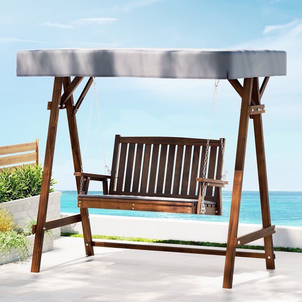Gardeon Outdoor Wooden Swing Chair Garden Bench Canopy Cushion 2 Seater Charcoal - Outdoorium