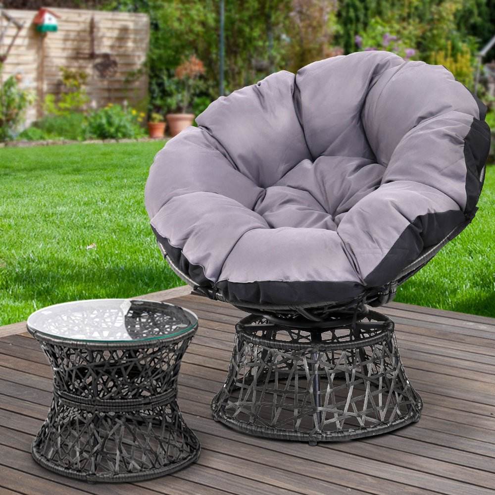 Gardeon Outdoor Lounge Setting Papasan Chair Wicker Table Garden Furniture Black - Outdoorium