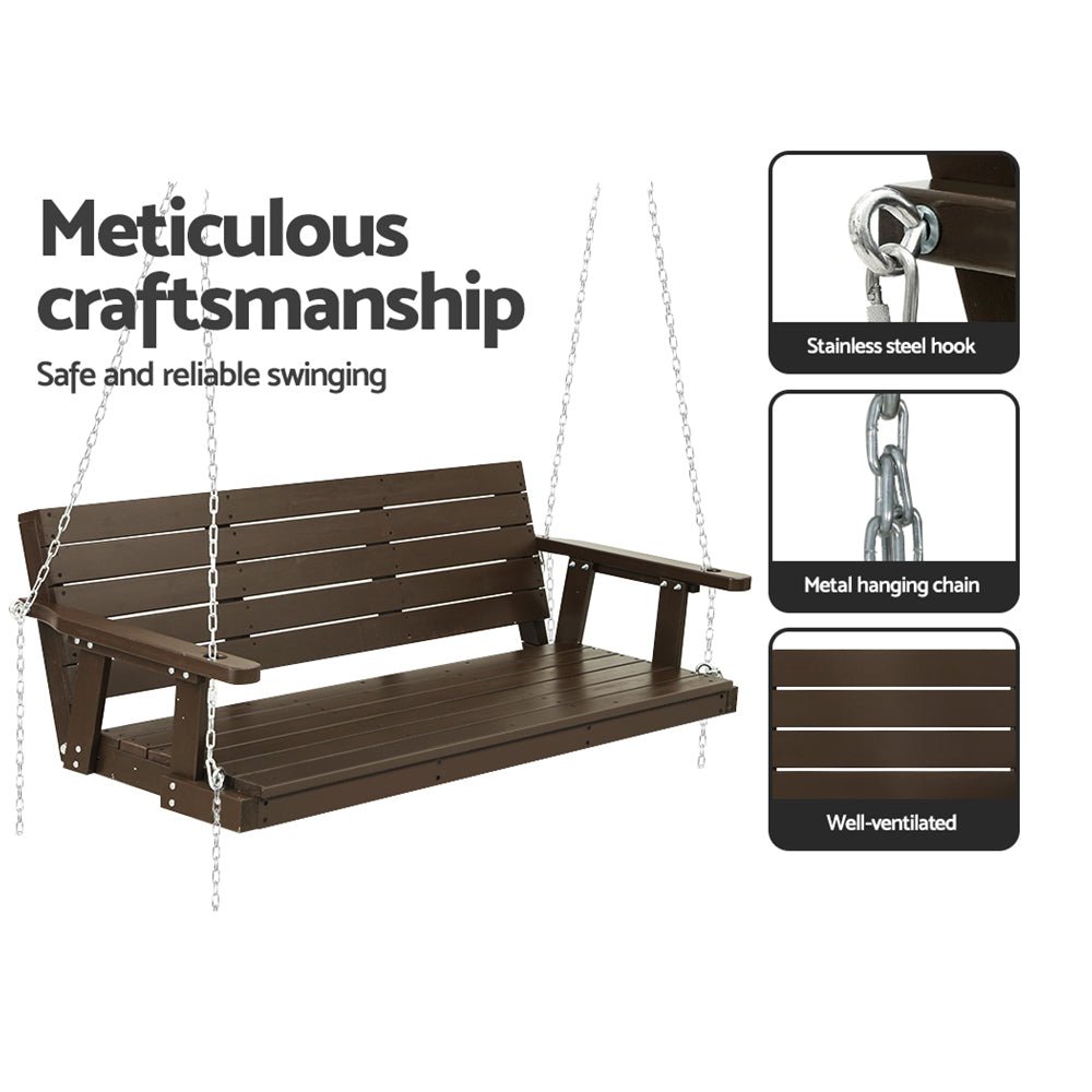 Gardeon Porch Swing Chair with Chain Outdoor Furniture 3 Seater Bench Wooden Brown - Outdoorium