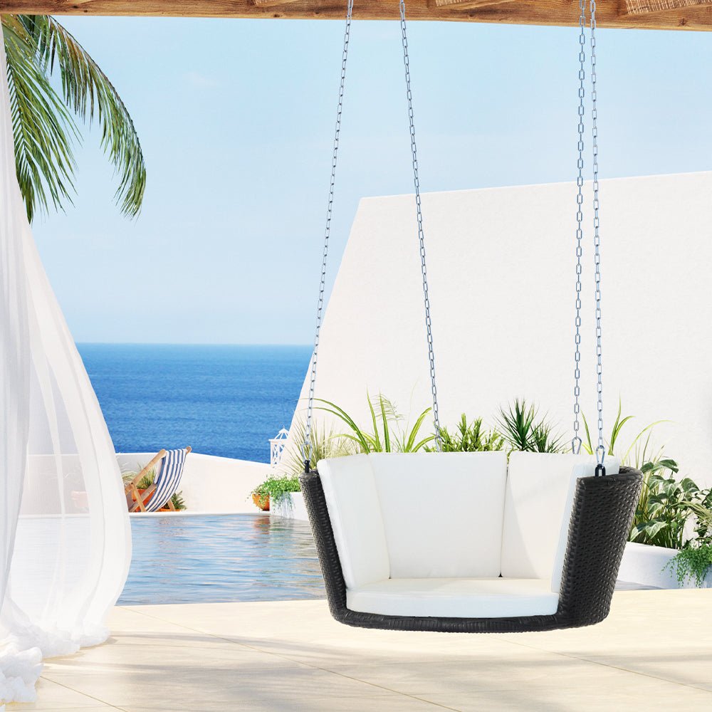 Gardeon Rattan Porch Swing Chair With Chain Cushion Outdoor Furniture Black - Outdoorium