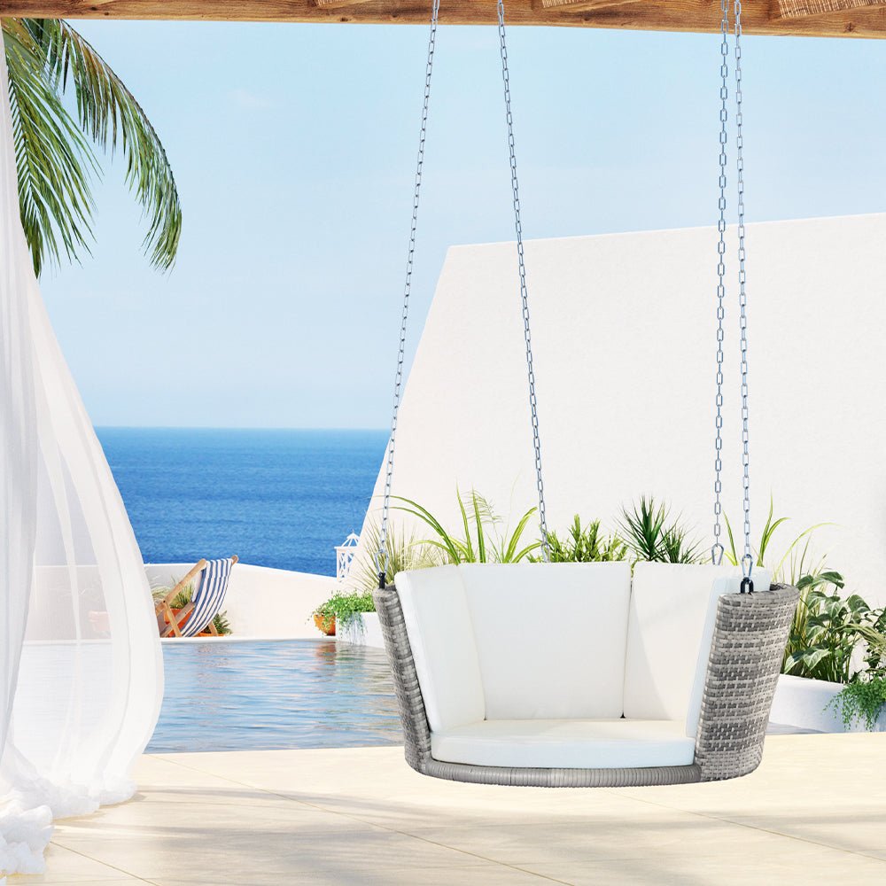 Gardeon Rattan Porch Swing Chair With Chain Cushion Outdoor Furniture Grey - Outdoorium