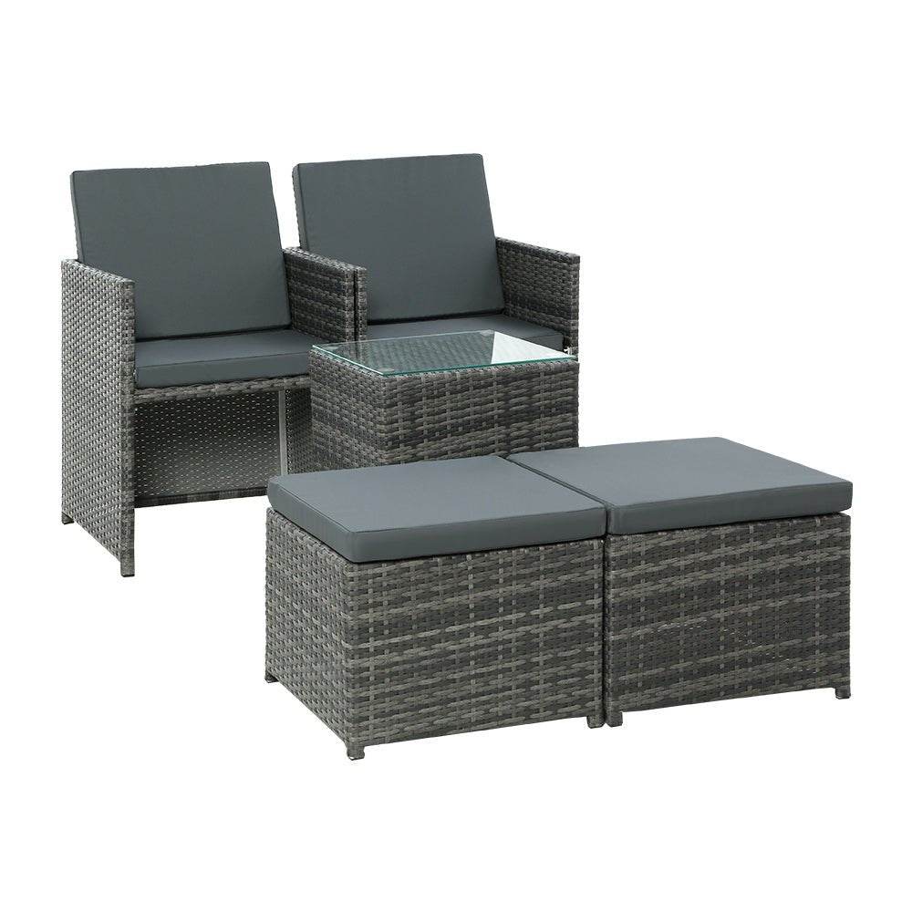 Gardeon 5PC Bistro Set Wicker Table and Chairs Ottoman Outdoor Furniture Grey - Outdoorium
