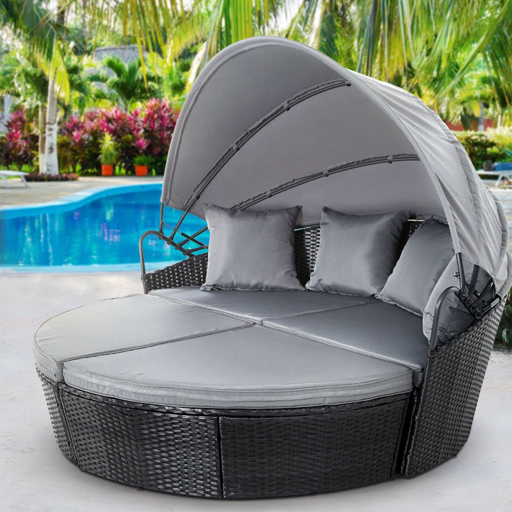 Gardeon Sun Lounge Setting Wicker Lounger Day Bed Outdoor Furniture Patio Black - Outdoorium