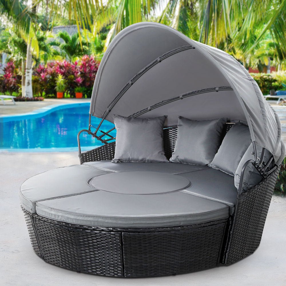 Gardeon Sun Lounge Setting Wicker Lounger Day Bed Patio Outdoor Furniture Black - Outdoorium