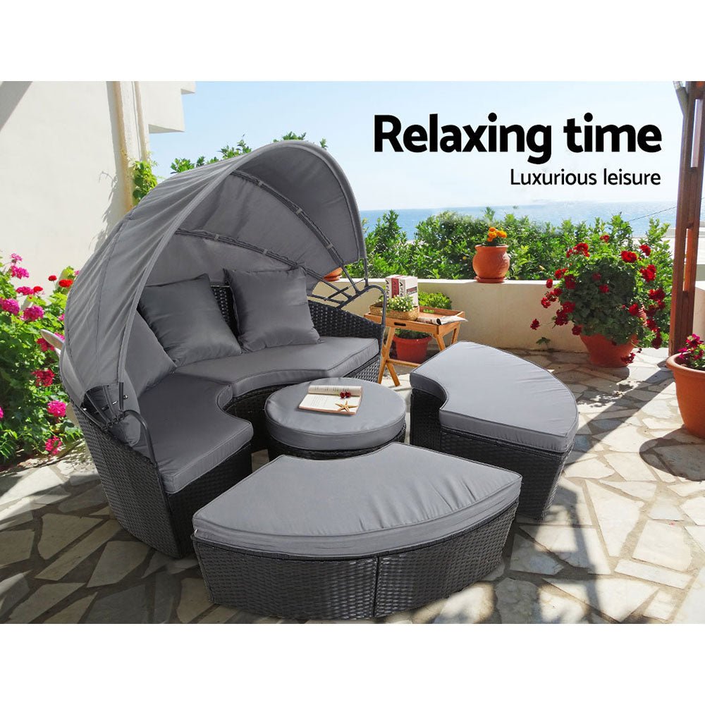 Gardeon Sun Lounge Setting Wicker Lounger Day Bed Patio Outdoor Furniture Black - Outdoorium