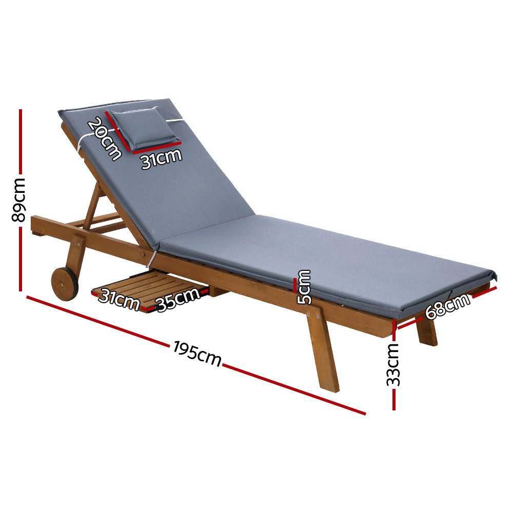 Gardeon Sun Lounge Wooden Lounger Outdoor Furniture Day Bed Wheels Patio Grey - Outdoorium