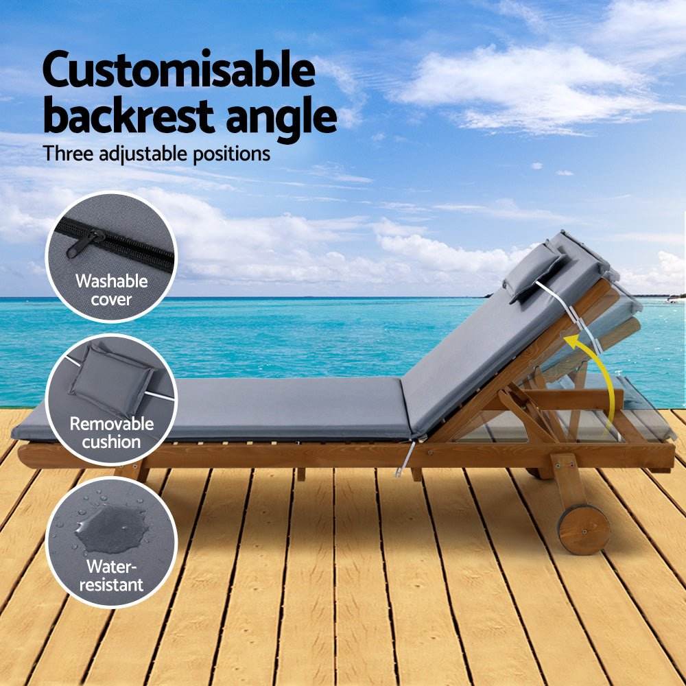 Gardeon 2x Sun Lounge Wooden Lounger Outdoor Furniture Day Bed Wheel Patio Grey - Outdoorium